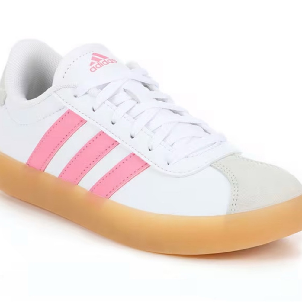 Big Girl Adidas VL Court White and Pink Sneakers with Gum Sole - New